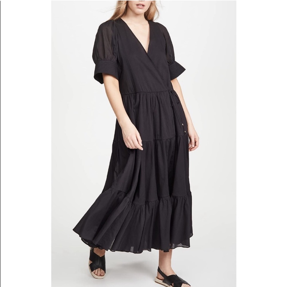 Rhode Resort Gina black cotton puff sleeve tiered long wrap dress XS